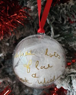 Christmas Clear bauble with loved ones handwriting message filled with feathers