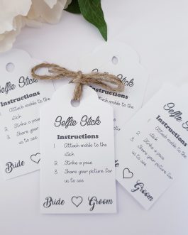 Pack of 12 selfie stick tags for weddings parties can be personalised