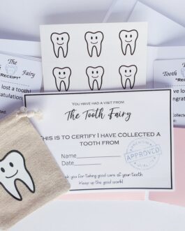 Tooth fairy set with bag receipts chart stickers certificate in a folder, pink, light blue or ivory colour