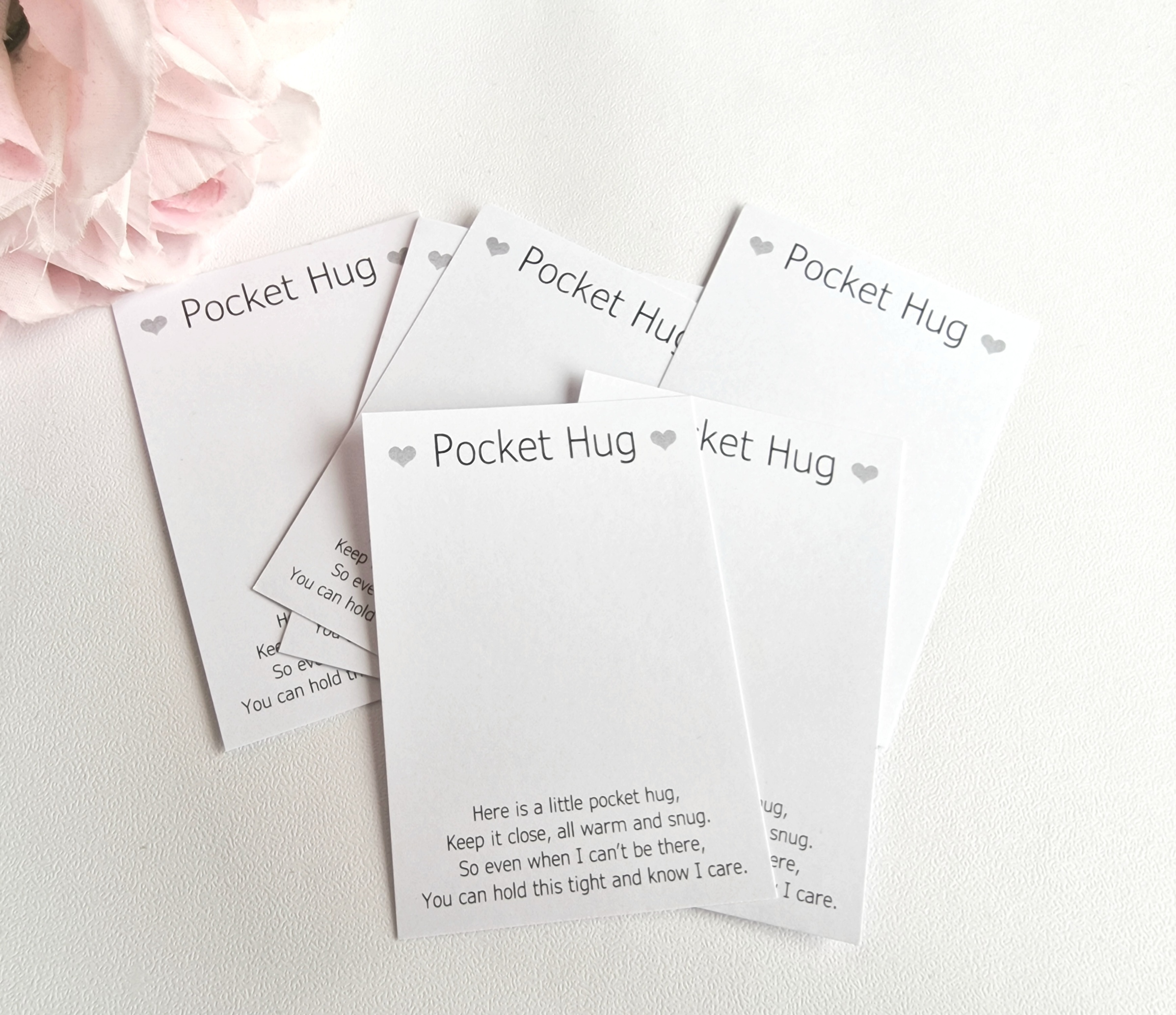 Premade large pocket hug cards with grey hearts