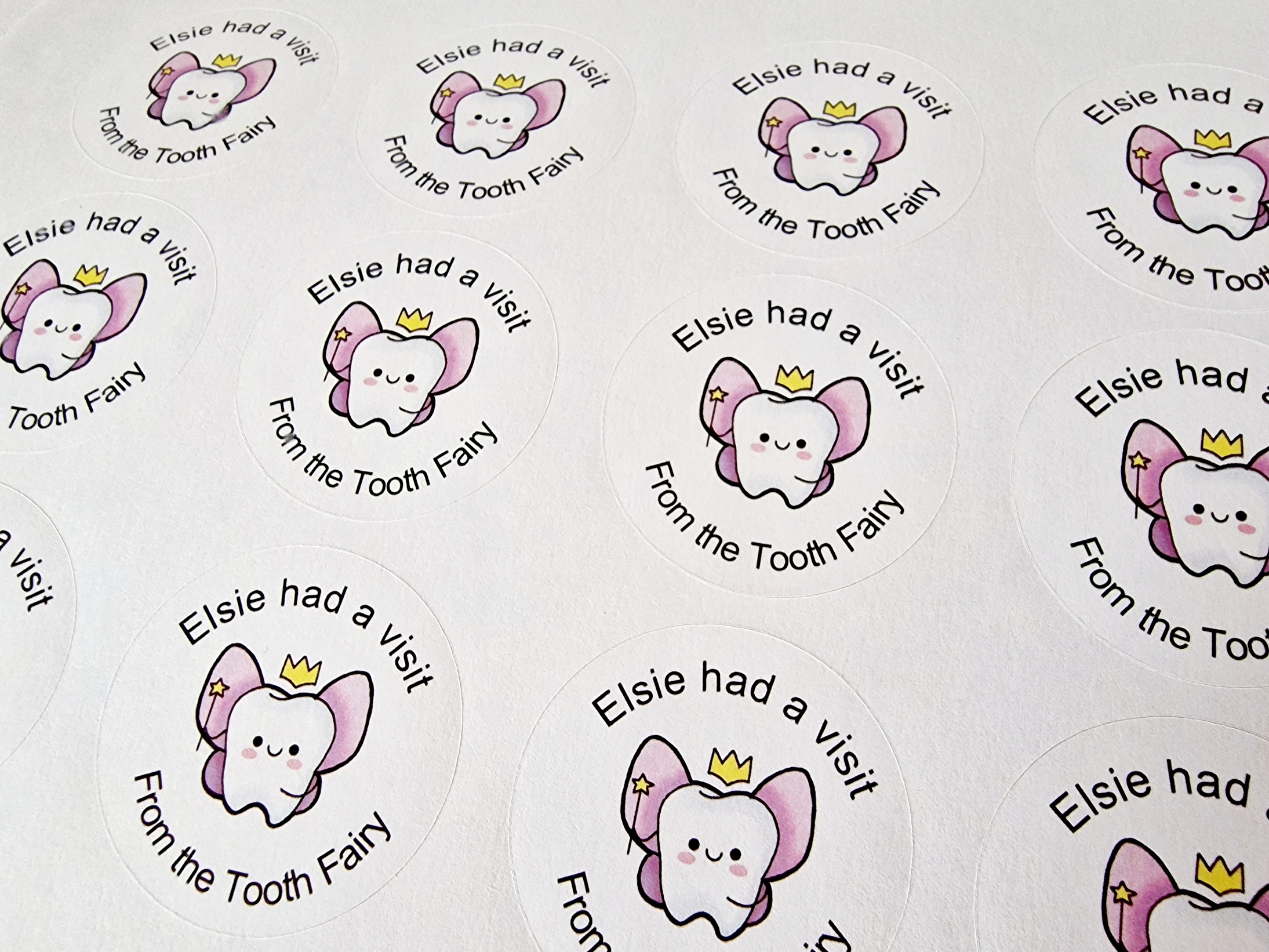 Premade 24pc pink tooth fairy sticker with name Elsie