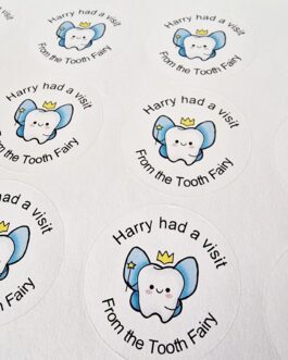 Premade 24pc blue tooth fairy stickers with name Harry