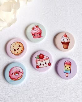 Set of 6 cute food button badges 25mm