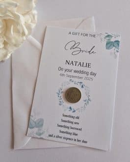 Something old wedding Bride sixpence on card and envelope