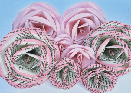 8 Handmade paper roses with plain and book colour edge mix