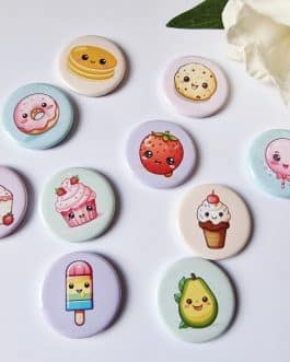 Set of 10 cute food button badges or magnets 25mm