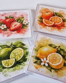 Fruit square acrylic coaster 90mm 4 designs single or bundle